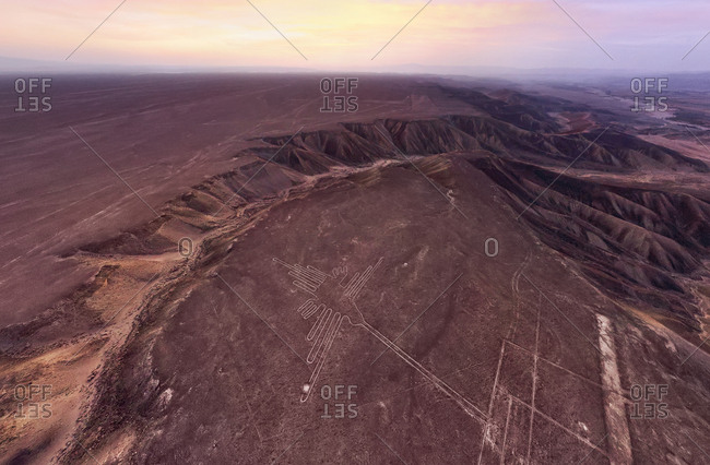 Aerial view of Nazca Lines during the sunset, Peru.