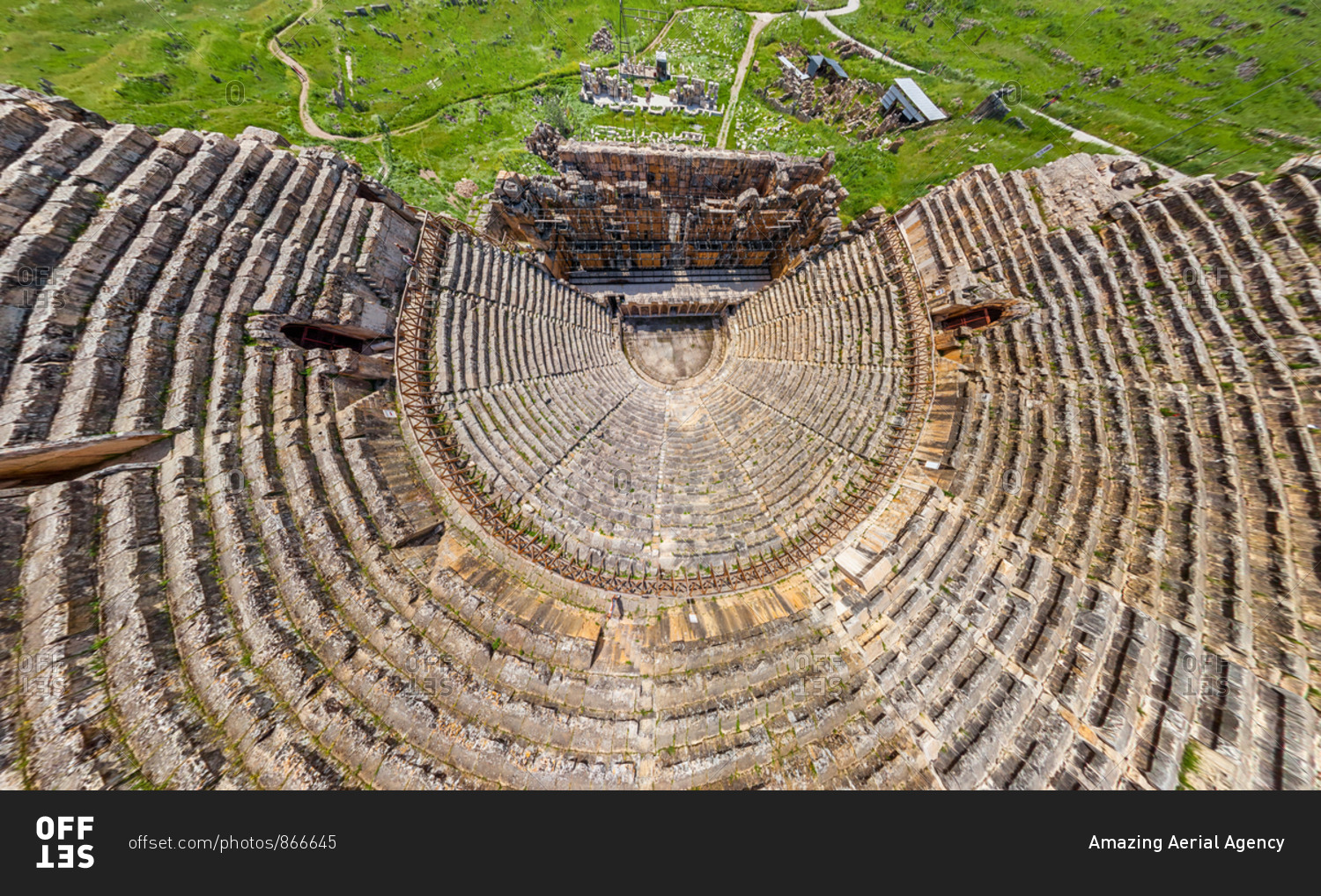 Aerial view of theatre at the ancient city of Hierapolis, Turkey
