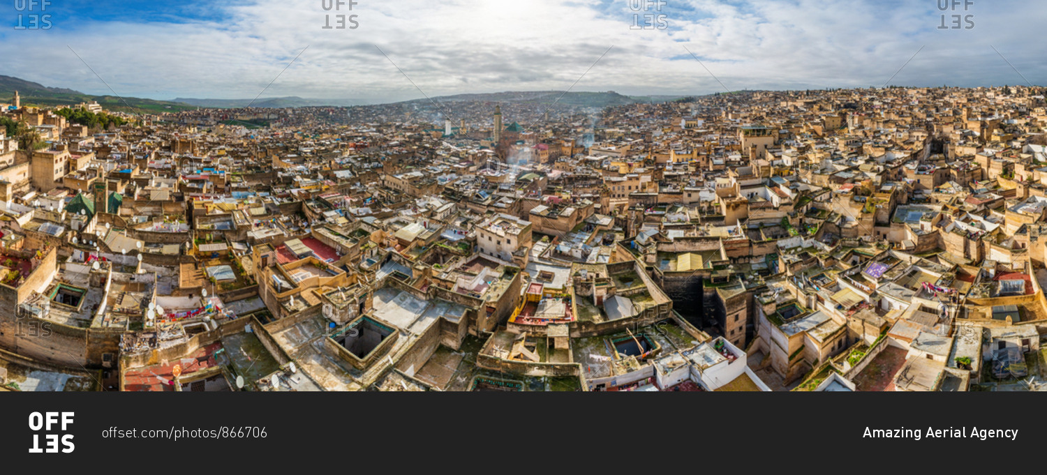 Panoramic aerial view of Fes neighborhood, Morocco