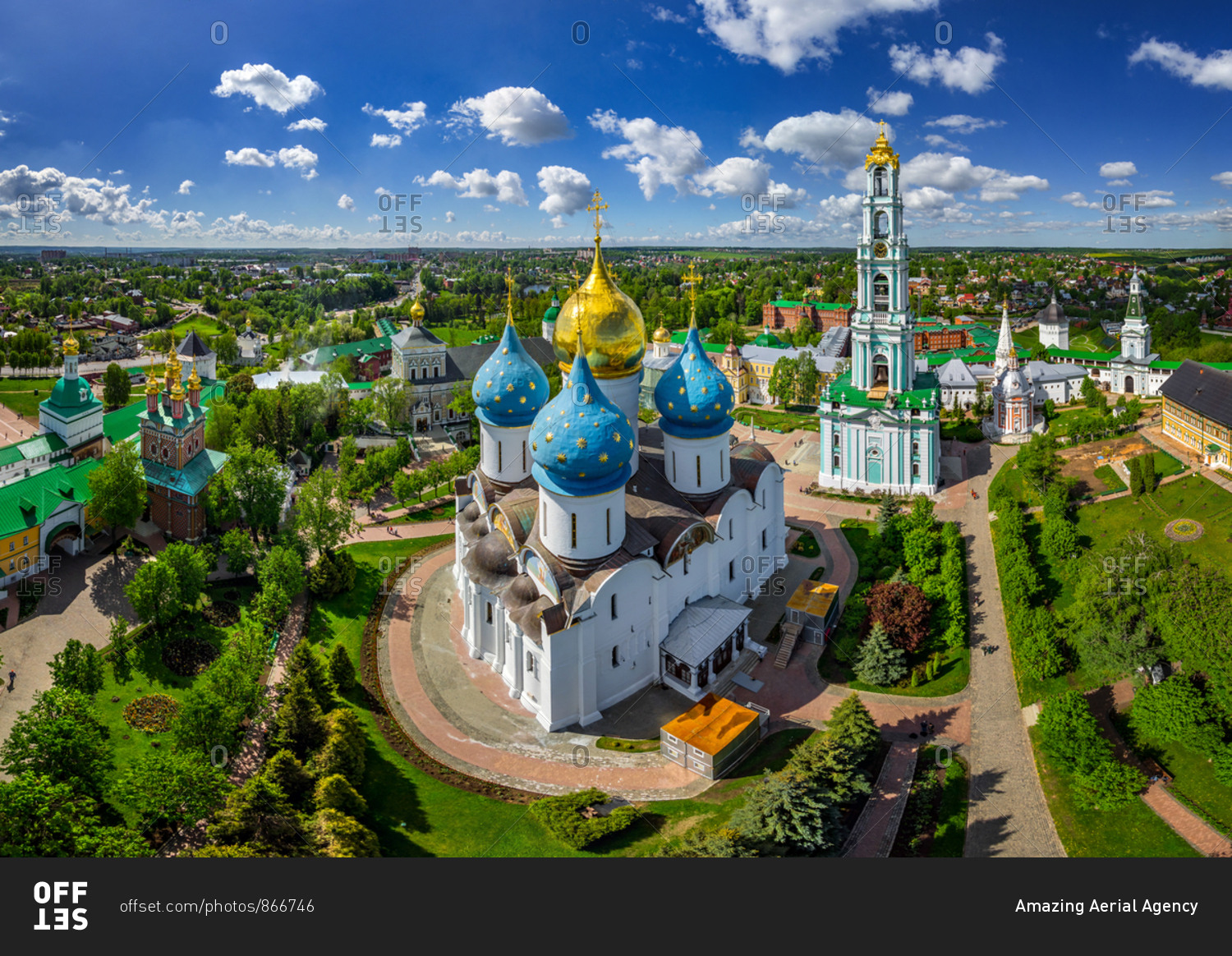 Aerial view of Dormition Cathedral at Sergiyev Posad, Russia