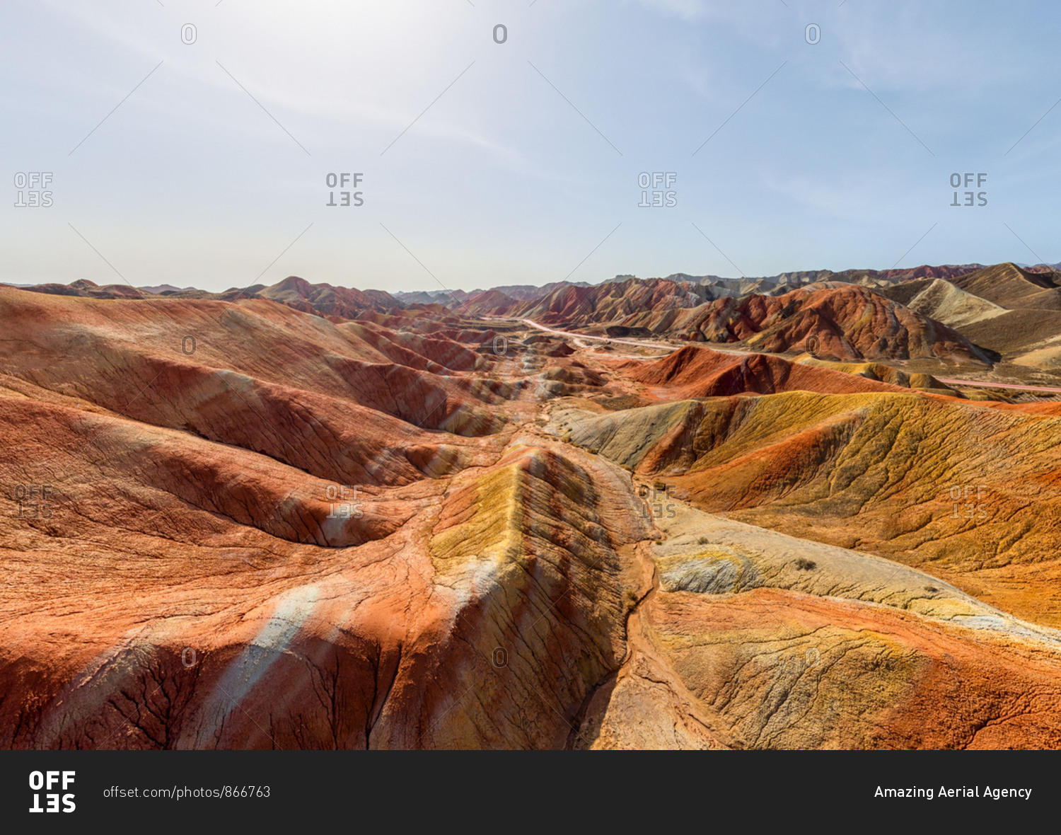 Aerial view of Colorful mountains of the Zhangye Danxia Geopark, China
