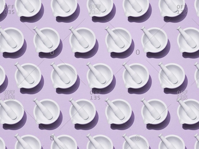 Pestles and mortars in rows.