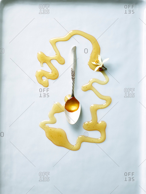 Honey drizzled on white surface with spoon and flower