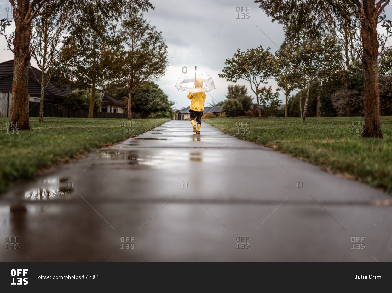 Child walking on sidewalk in the rain