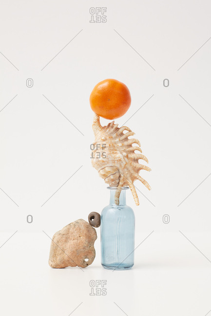 Tangerine, seashell, two stones and glass bottle art object