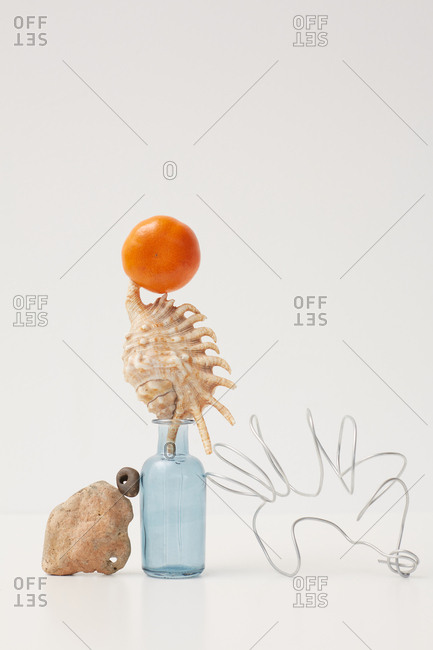 Mandarin, seashell, stones, small glass bottle and wire installation