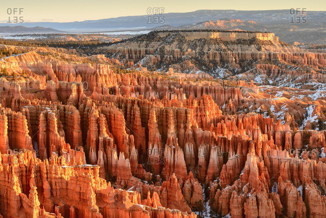 USA, Utah, Bryce Canyon National Park, Elevated view of canyon rock formations in morning light