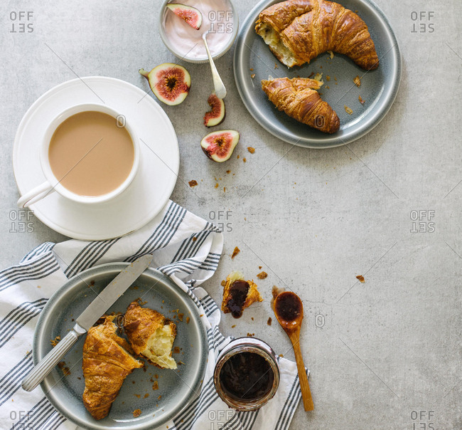 Breakfast of tea and croissants