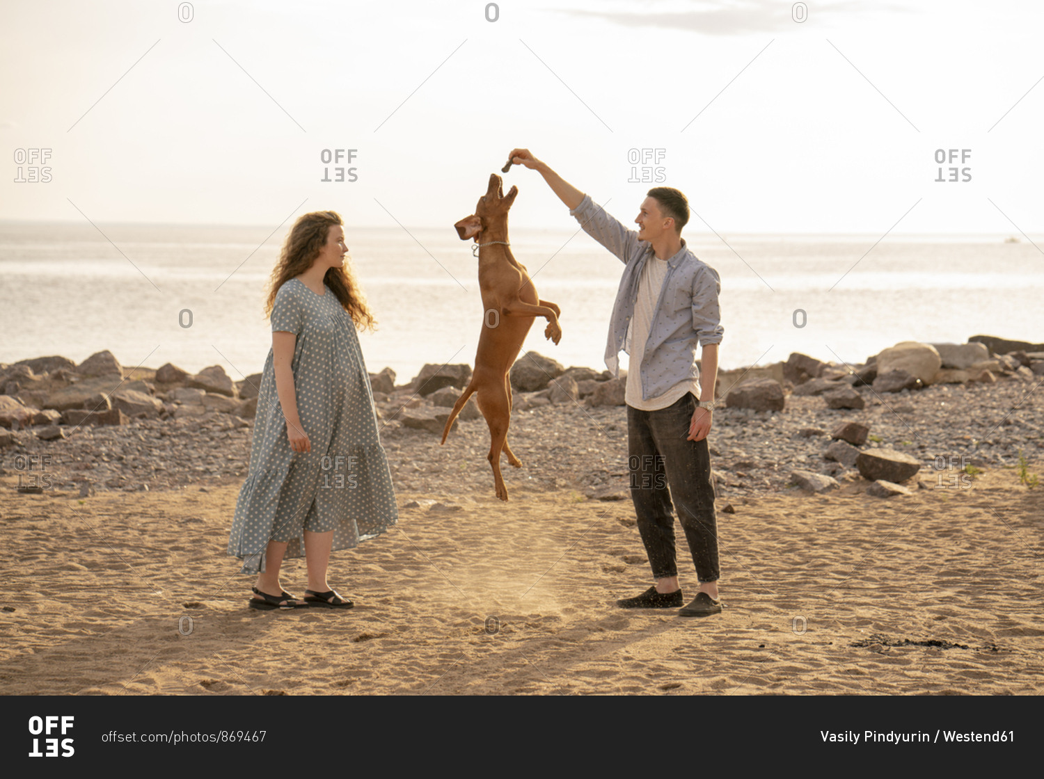 Young couple with dog at the beach- dog jumping