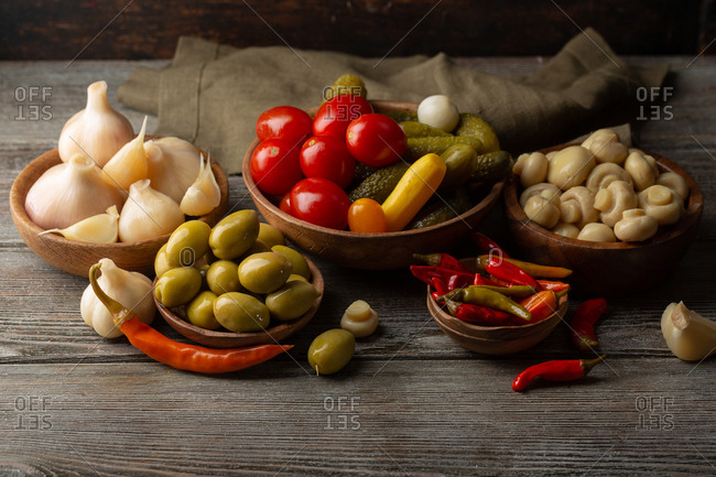 Set of fermented foods on wooden table