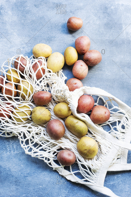 Two types of baby potatoes lying on net bag
