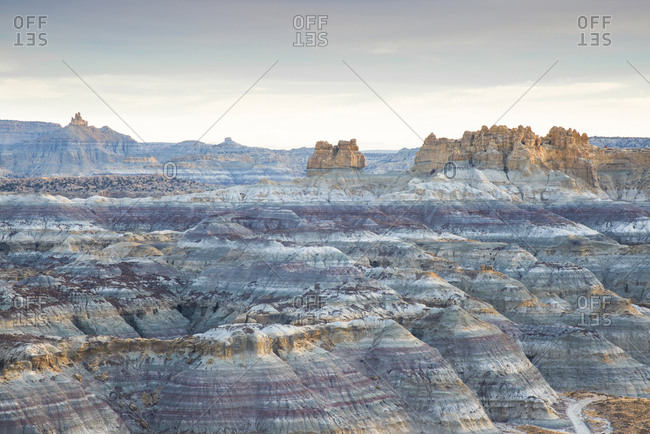 View of colorful canyons at Angel Peak Scenic Area in northwest New Mexico at dawn