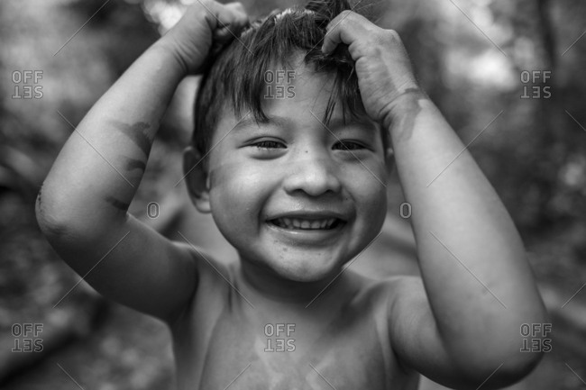 Brazil, State of Amazonas - August 13, 2016: A friendly and happy indigenous boy from the Brazilian Amazon