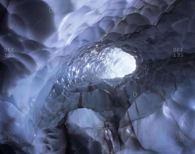 Inside the ice cave near the mountain Hrafntinnusker, Laugavegur, Landmannalaugar, Iceland, Europe
