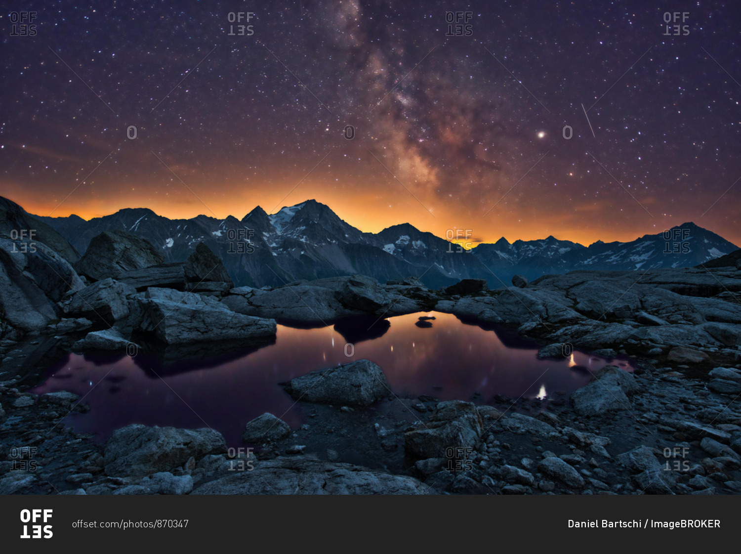 Starry sky with Milky Way, mountains of Uri, Maderanertal, canton Uri, Switzerland, Europe