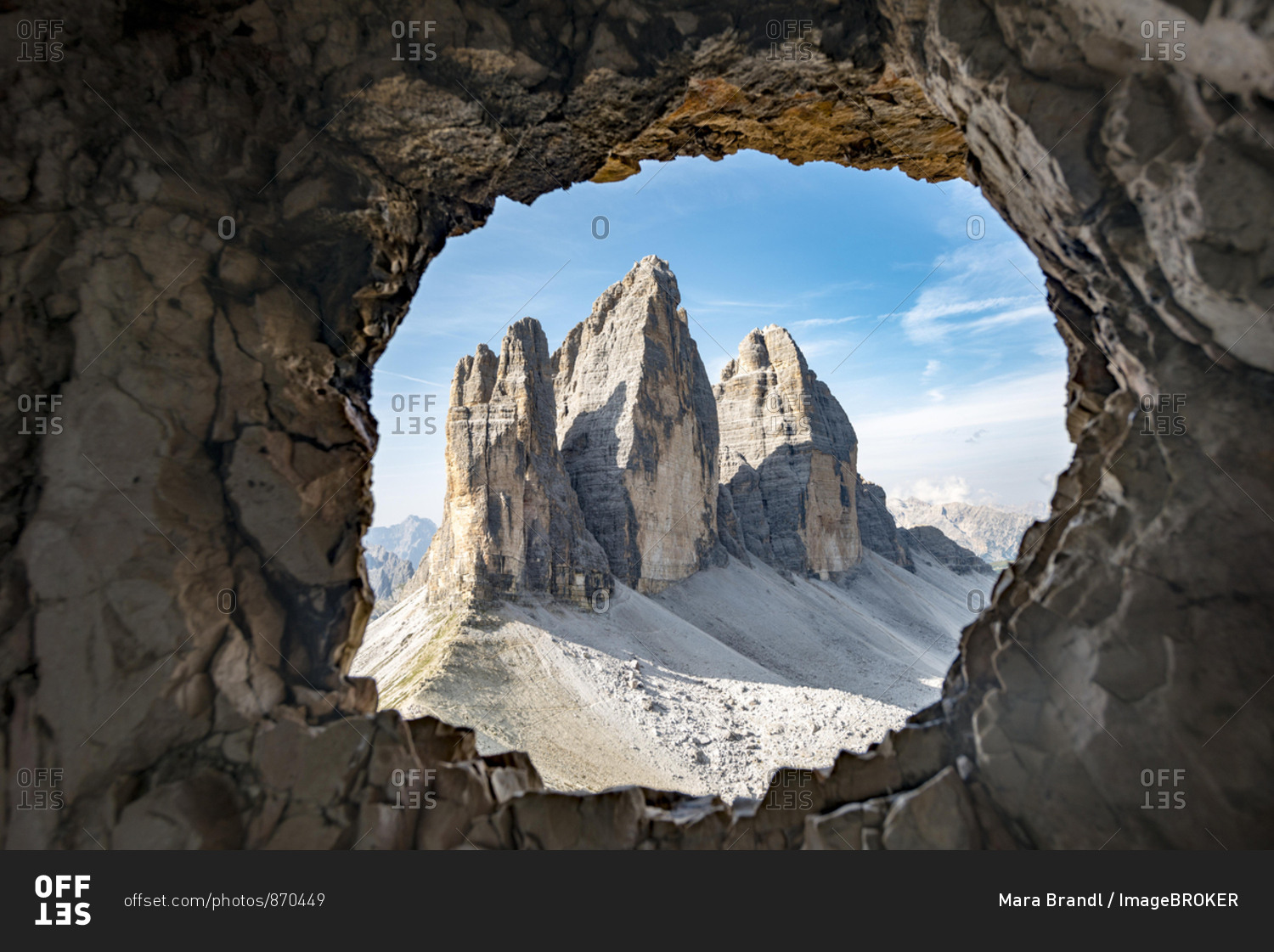 View from war tunnel, via ferrata to the Paternkofel, north walls of the Drei Zinnen, Sexten Dolomites, South Tyrol, Europe stock photo - OFFSET