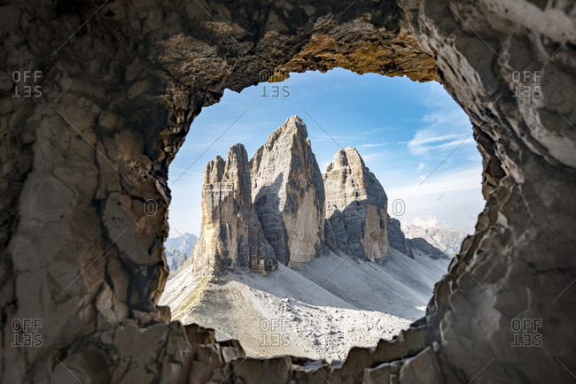 View from war tunnel, via ferrata to the Paternkofel, north walls of the Drei Zinnen, Sexten Dolomites, South Tyrol, Italy, Europe