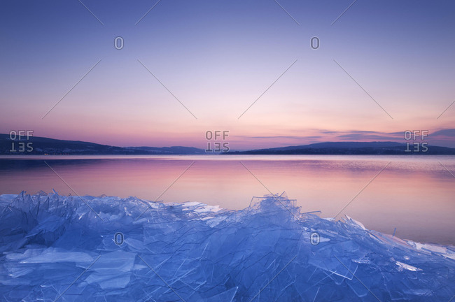 Stacked sheets of ice on the shore of the island of Reichenau, Lake Constance, Konstanz district, Baden-Wuerttemberg, Germany, Europe