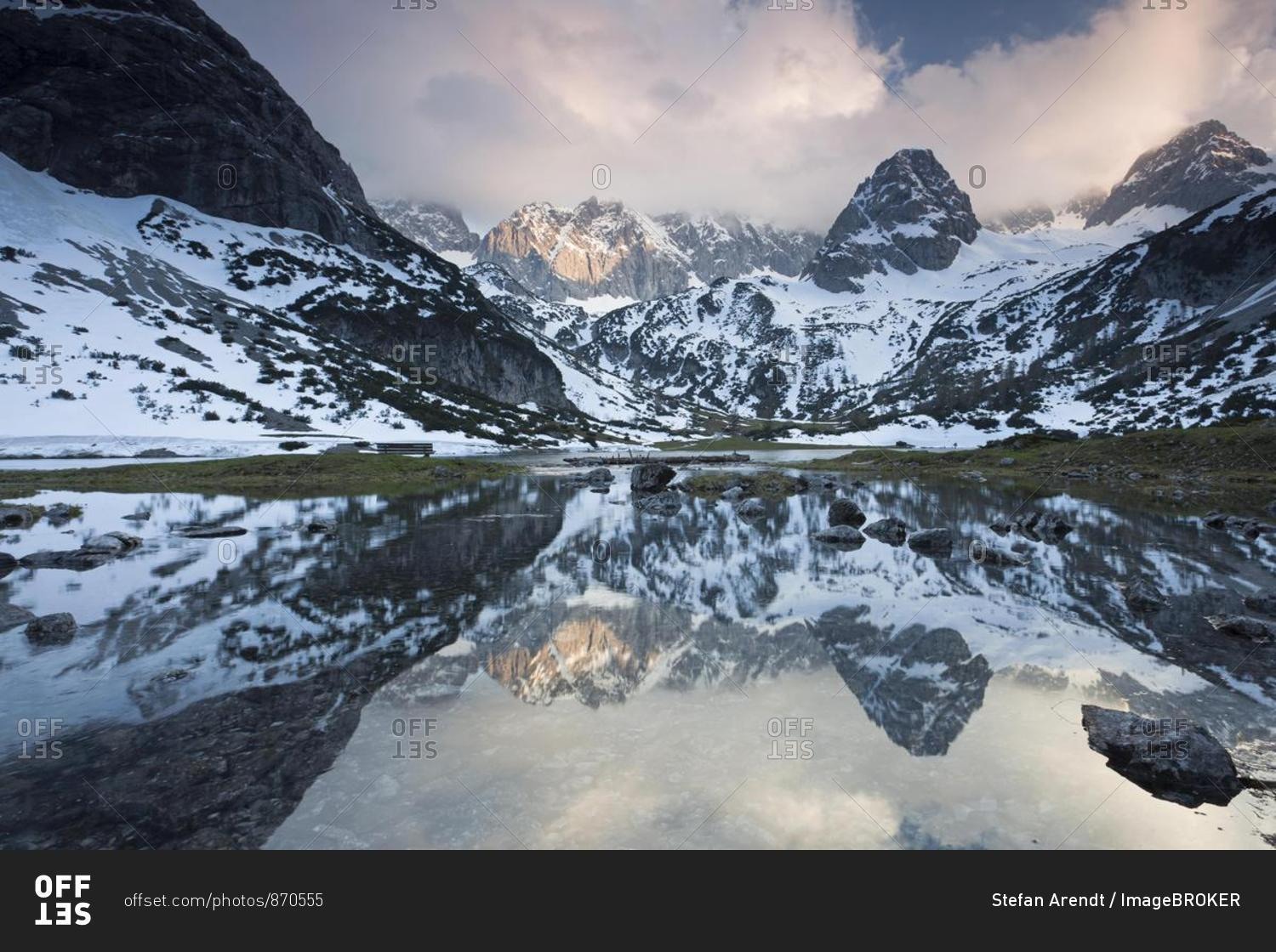 Mountains reflected in Lake Seebensee in Ehrwald in the Austrian Alps, Tyrol, Austria, Europe
