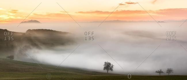Foggy view of Bisberg, Hegau, Baden-Wurttemberg, Germany, Europe