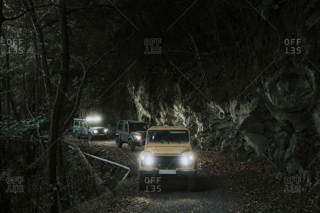 Friends driving 4x4  in the forest