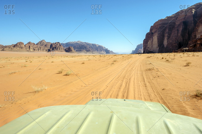 View from the roof of a four-wheel drive vehicle in wadi rum, jordan