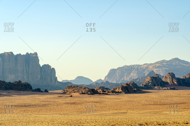 Desert landscape in wadi rum protected area, jordan