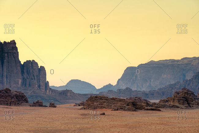 Rock outcrops at sunset in wadi rum protected area, jordan