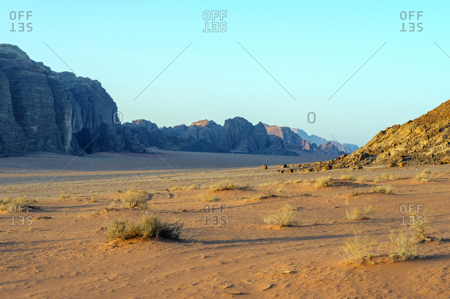 Desert landscape in wadi rum protected area, jordan
