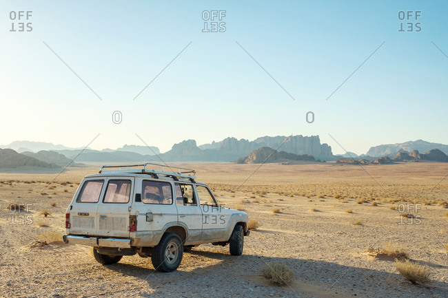 Jordan, aqaba governorate, wadi rum village - june 4, 2017: four-wheel drive truck in wadi rum protected area, jordan