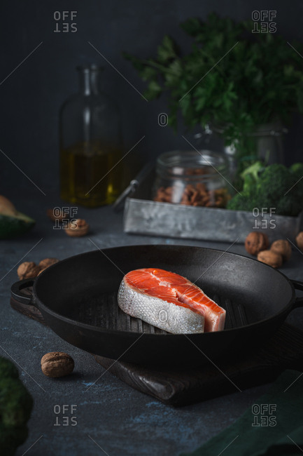 Cooking salmon steak close up