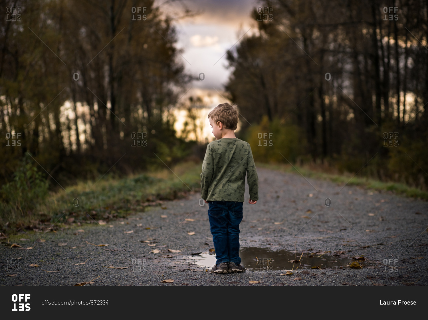 Rear view of little boy walking on dirt path with puddles at sunset