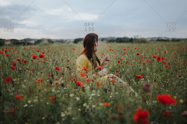 Pensive attractive red haired adult lady in yellow dress with red poppy in hair and red lips looking away while sitting alone in blurred amazing green meadow
