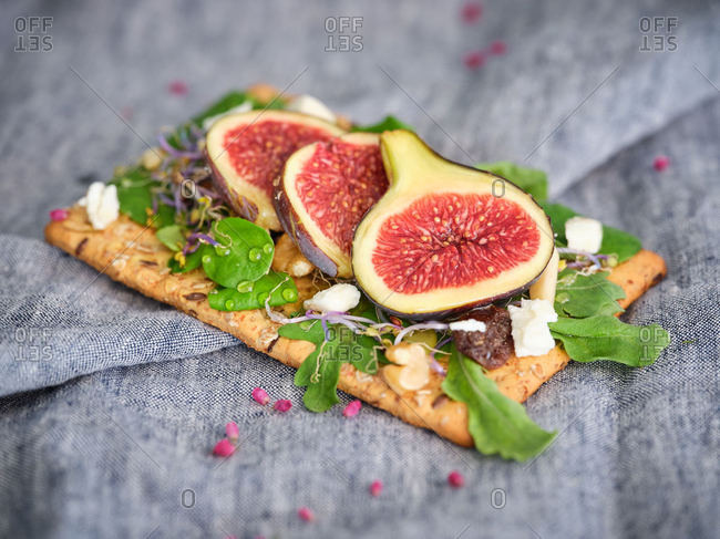 Homemade delicious colorful open sandwich with slices of fig and pieces of cheese on crisp rye bread among aromatic green leaves of rocket salad