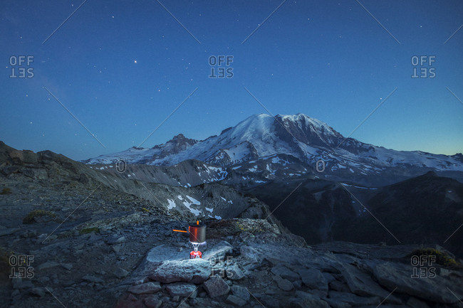 A Small Backpacking Stove is Boiling the Water in Mt. Rainier NP
