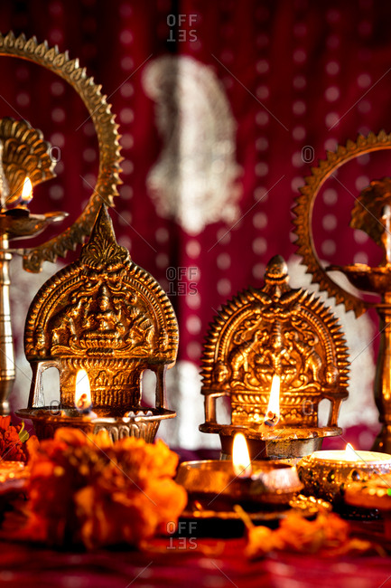 Close-up of candles lit for Diwali, the festival of light