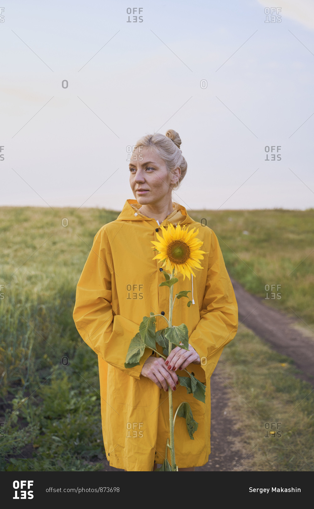 Beautiful woman traveler blogger in a yellow raincoat and yellow sunflowers on the road in a wheat field