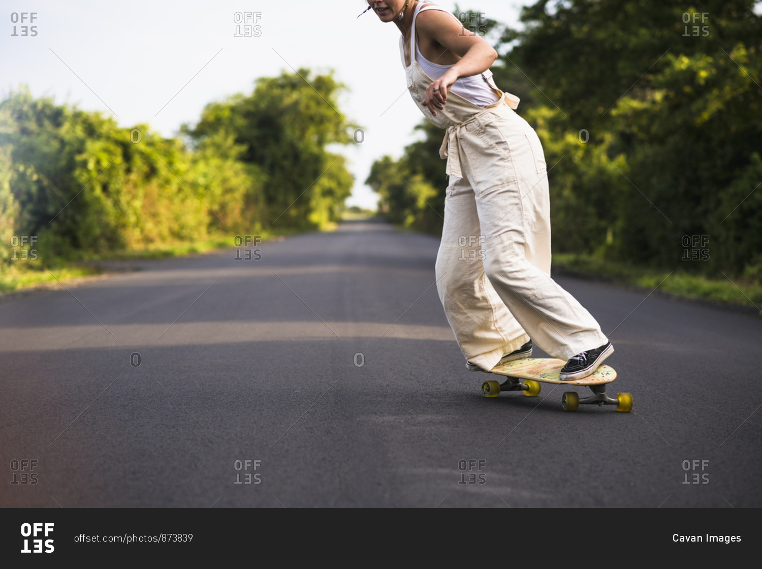 excitation balanced microscopic Young Woman Skateboarding in Summer stock photo - OFFSET