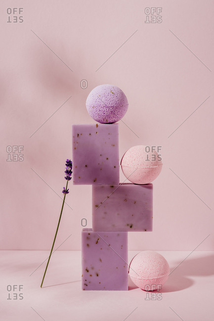 Stack of lavender soaps and bath bombs