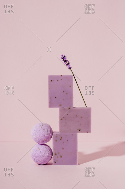 Stack of lavender soaps and bath bombs