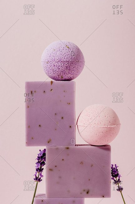 Close up of lavender soaps and bath bombs