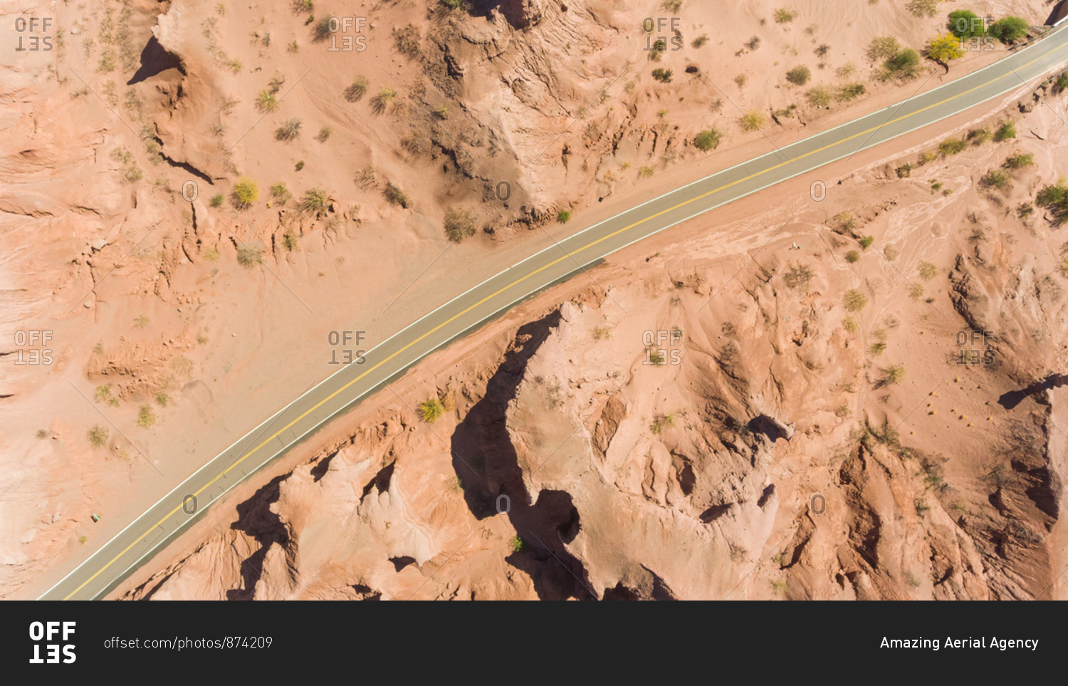 Aerial view of road crossing near Las Ventanas, touristic attraction, Argentina