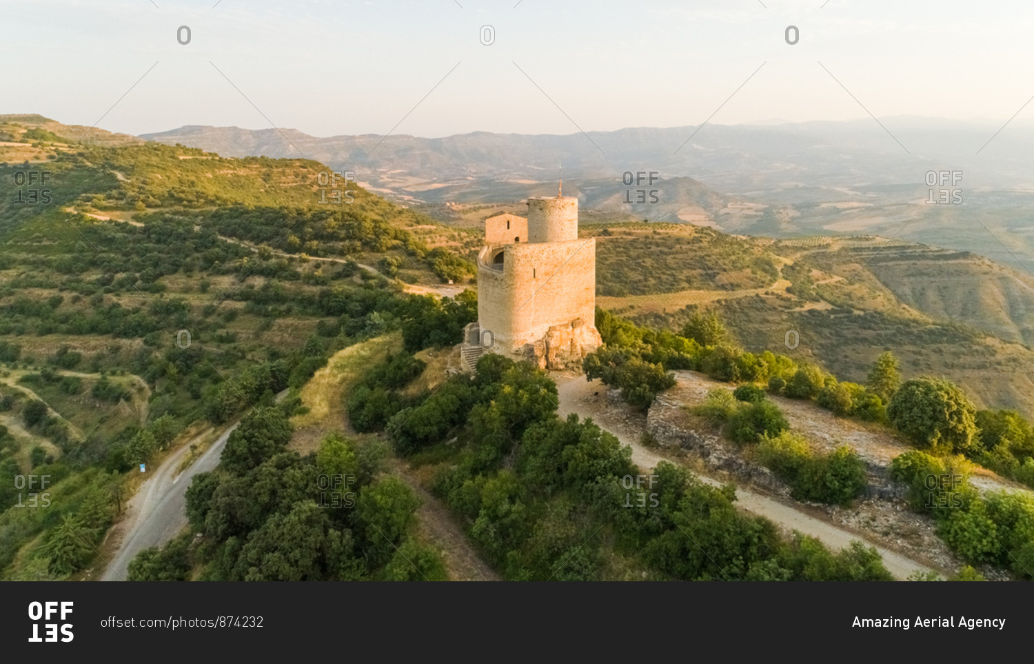 Aerial view of Castell de Mur touristic attraction during the sunset, Spain.