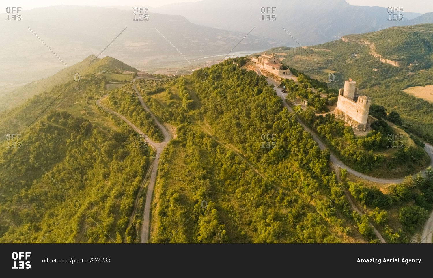 Aerial view of Castell de Mur touristic attraction during the sunset, Spain.