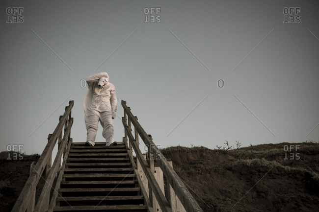 Man wearing ice bear costume on steps- despair