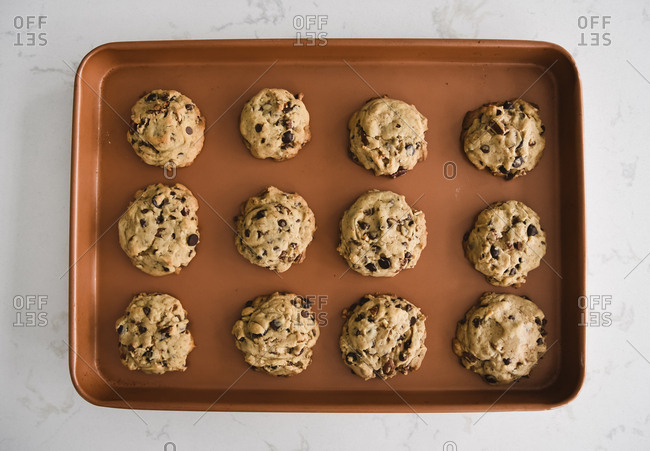 Sheet pan of freshly baked chocolate chip cookies shot from above