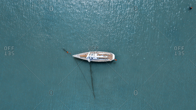 Aerial view of a stagnant sailing boat near Milford Haven, Dale, Wales.