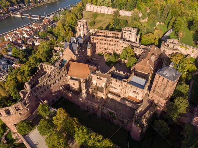 Aerial view above of Castle of Heidelberg in Germany.