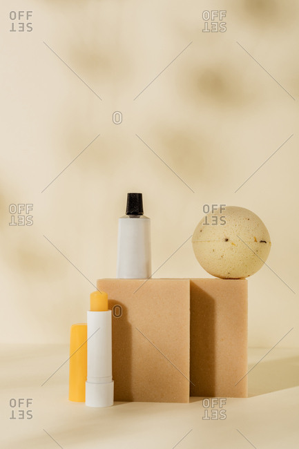 Natural soaps and hygiene products on light background