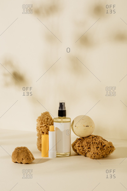 Natural lip balm, oil and bath bombs with sponges